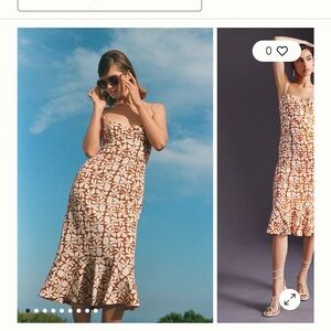 Hutch Anthropologie Floral print form fitting Midi Dress brown and cream
